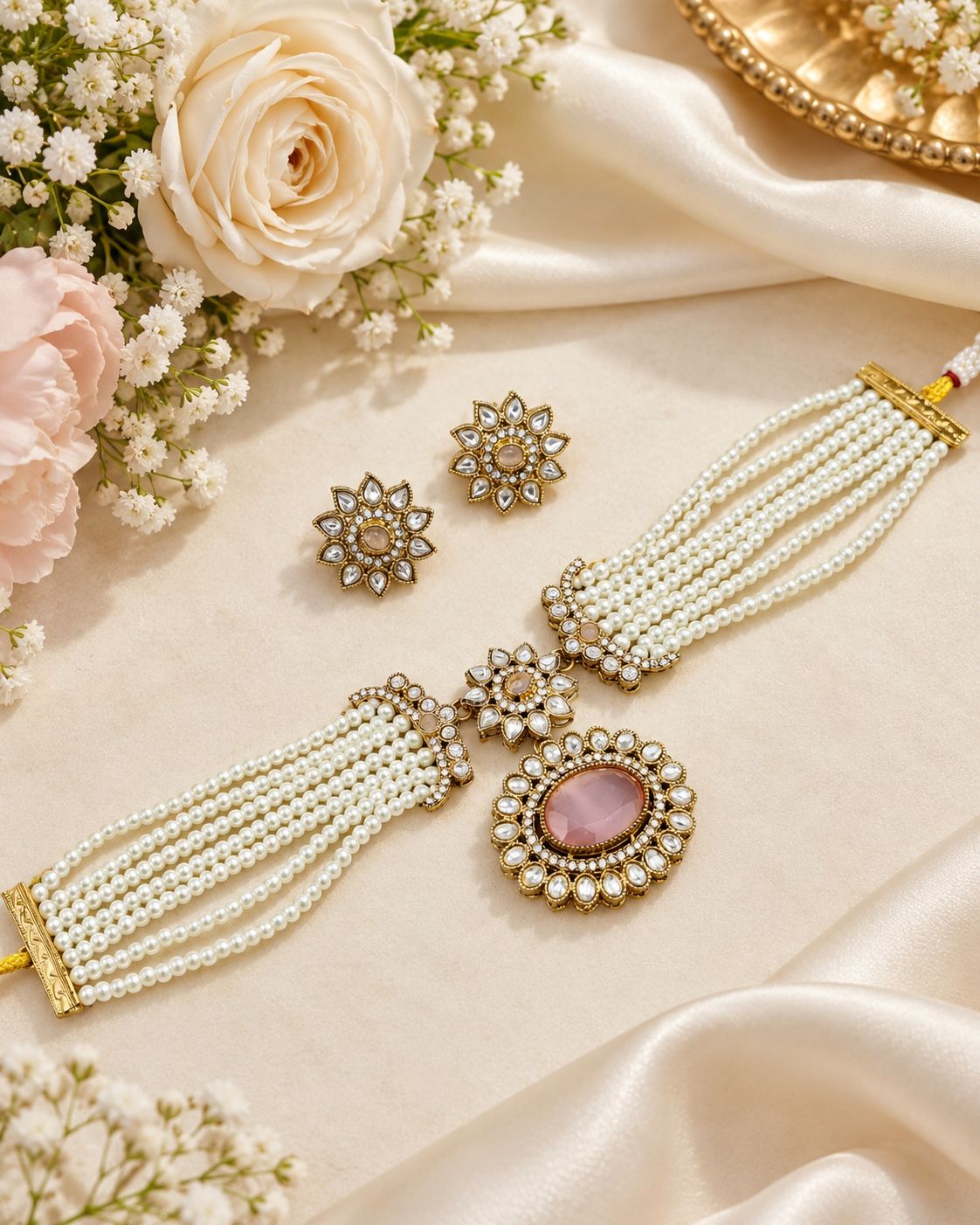 Traditional Multi-Layer Pearl Choker Set with Floral Studs
