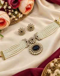Traditional Multi-Layer Pearl Choker Set with Floral Studs