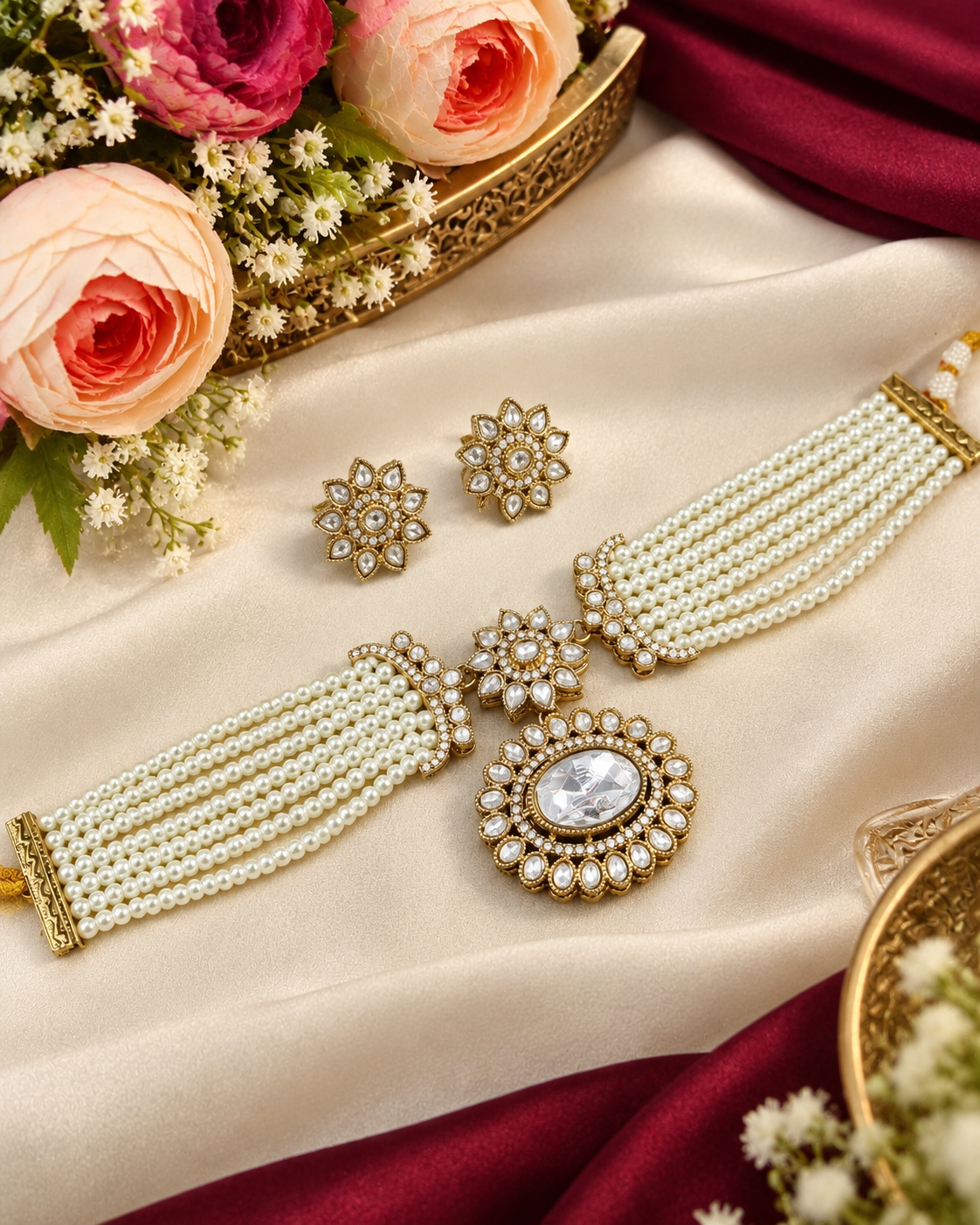 Traditional Multi-Layer Pearl Choker Set with Floral Studs