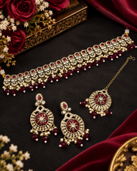 Handcrafted Wedding Choker Set with Statement Drop Earrings & Tikka