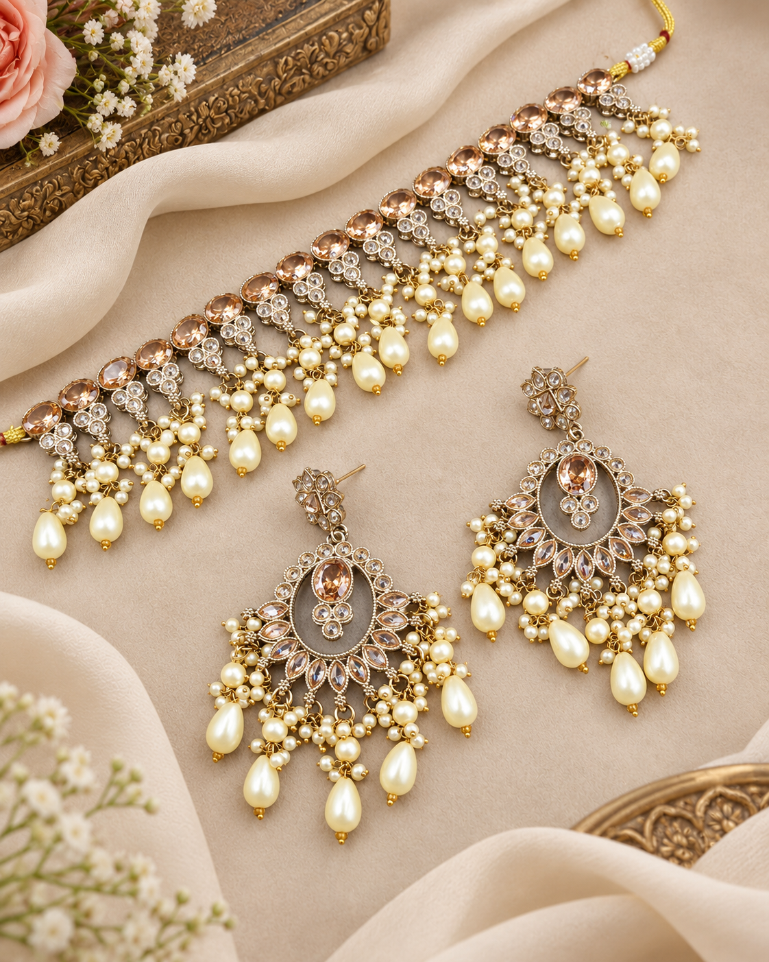 Crystal Choker Necklace Set with Chandbali Earrings & Maang Tikka