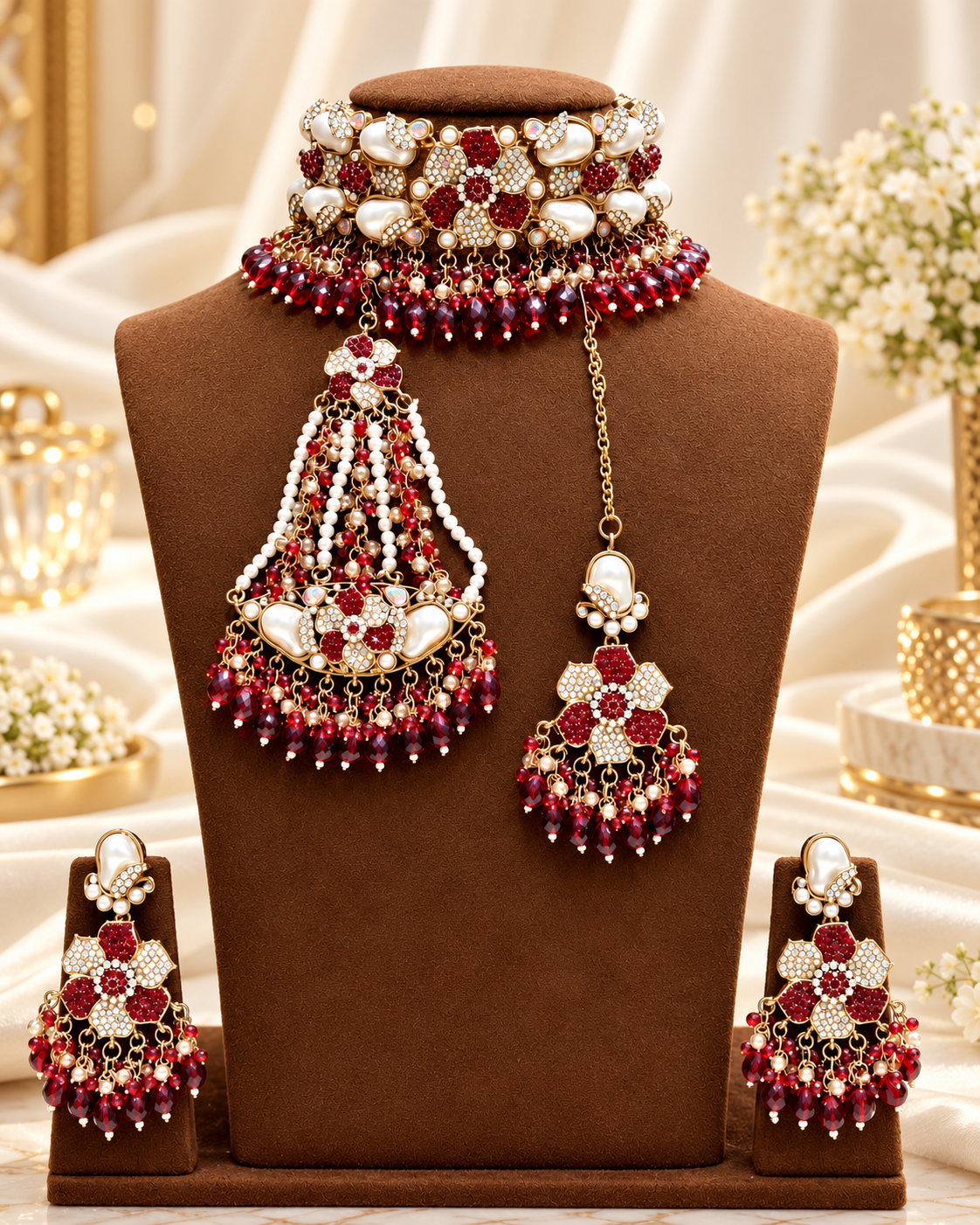 Shadow Floral Choker Necklace Set with Earrings, Tikka & Passa