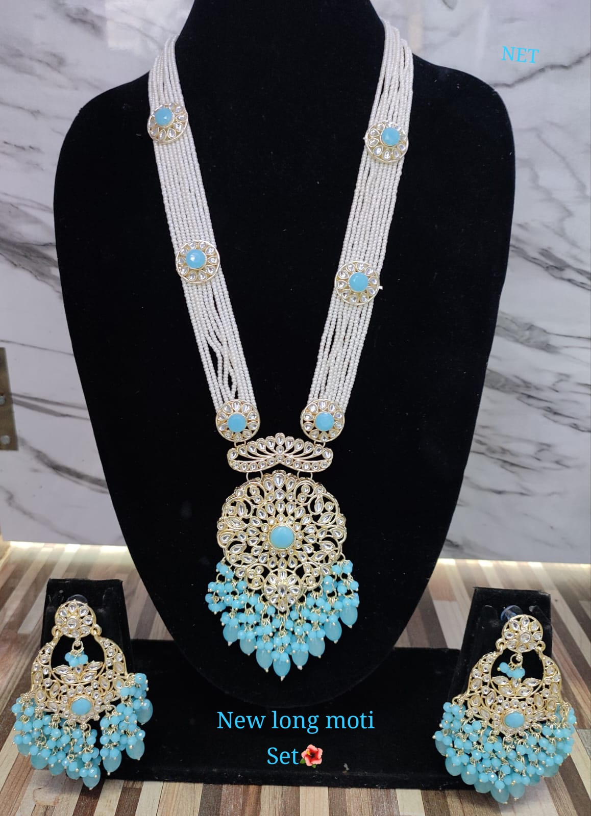 Gold Plated CZ Stone Long Necklace Jewellery Set