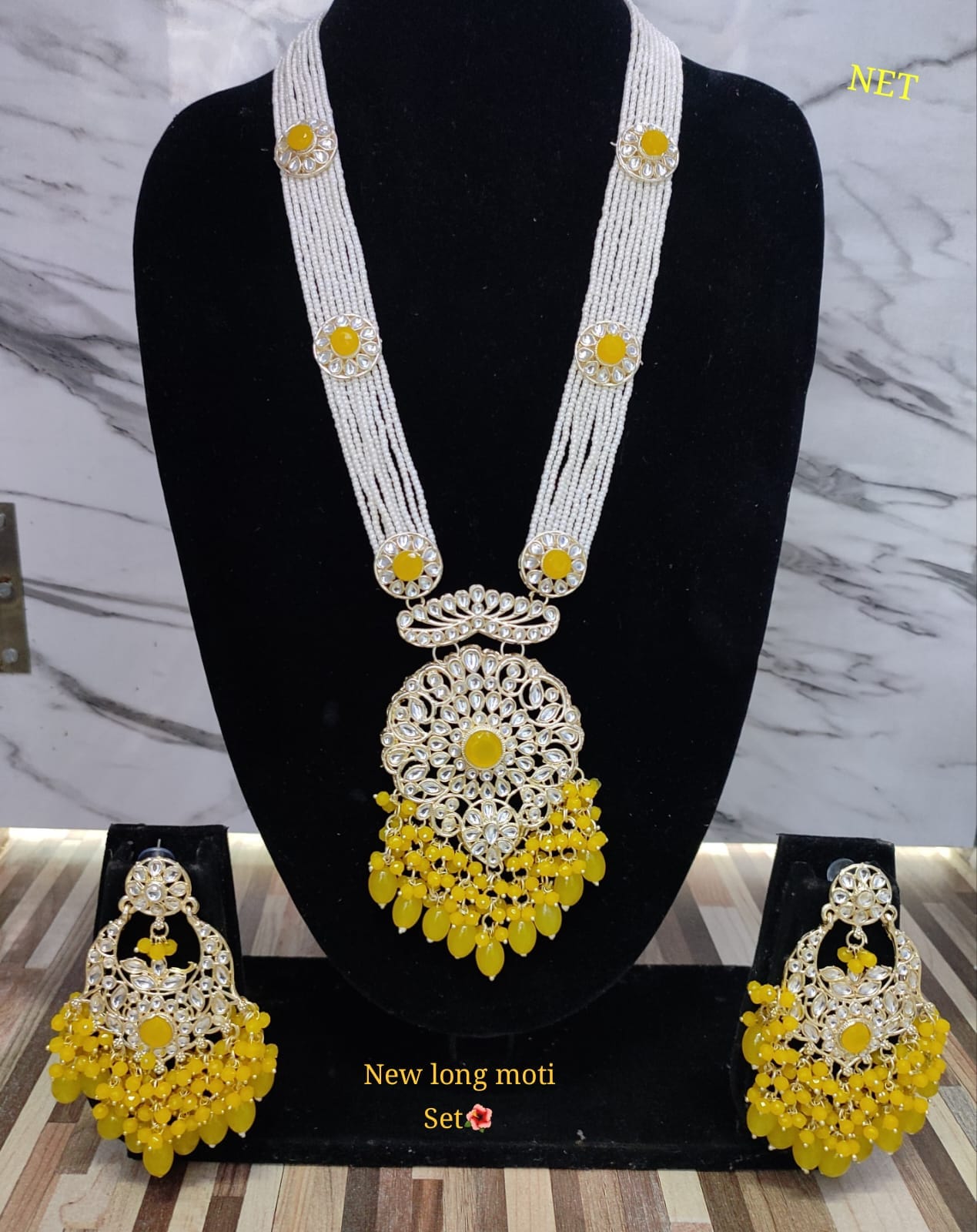 Gold Plated CZ Stone Long Necklace Jewellery Set