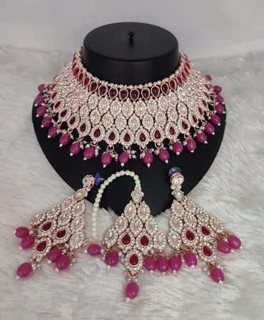 Rose Gold Bridal Choker Set with Crimson Red Teardrop Stones