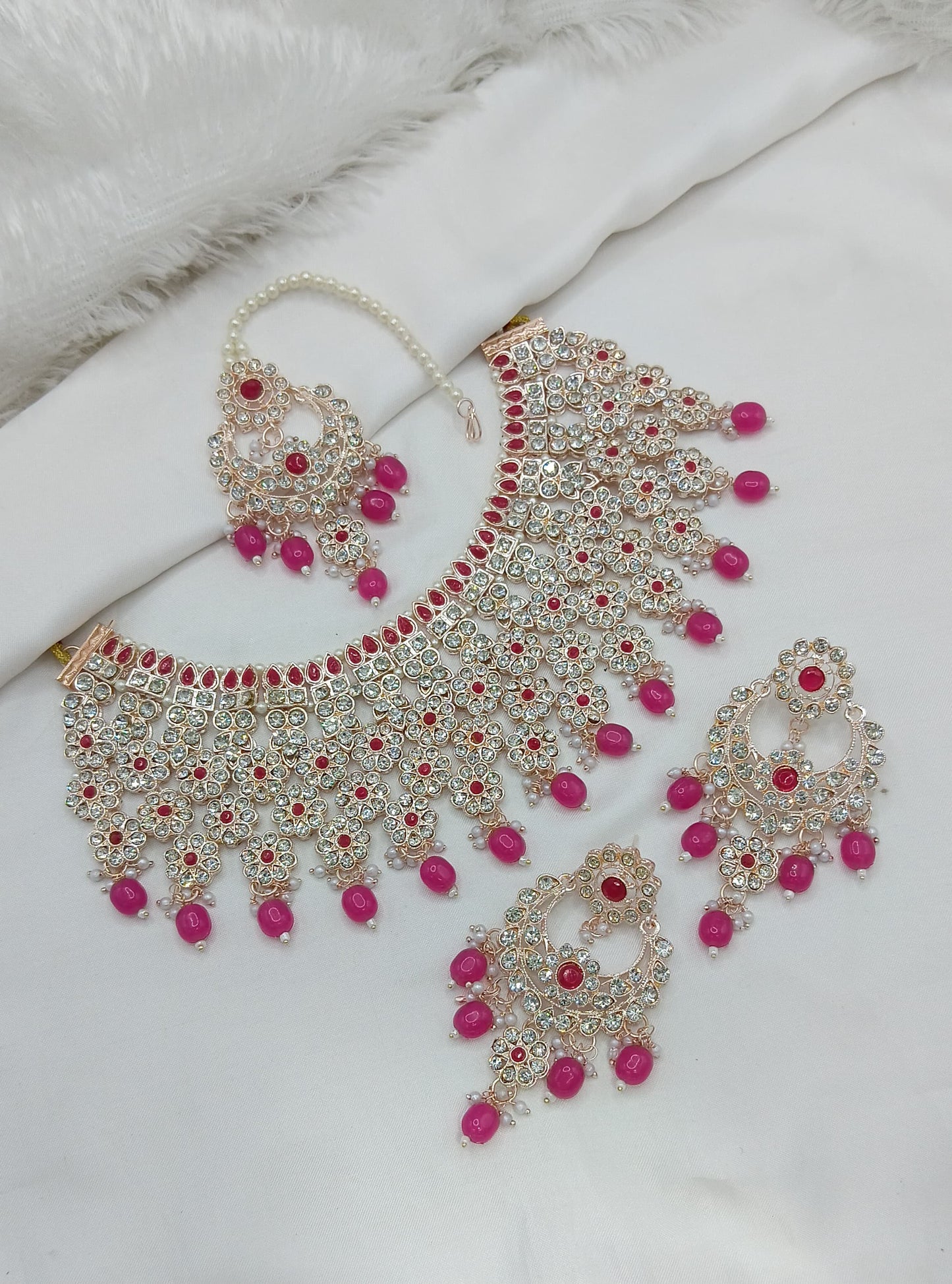 Rose Gold & White Stone Bridal Choker Set with Pearls
