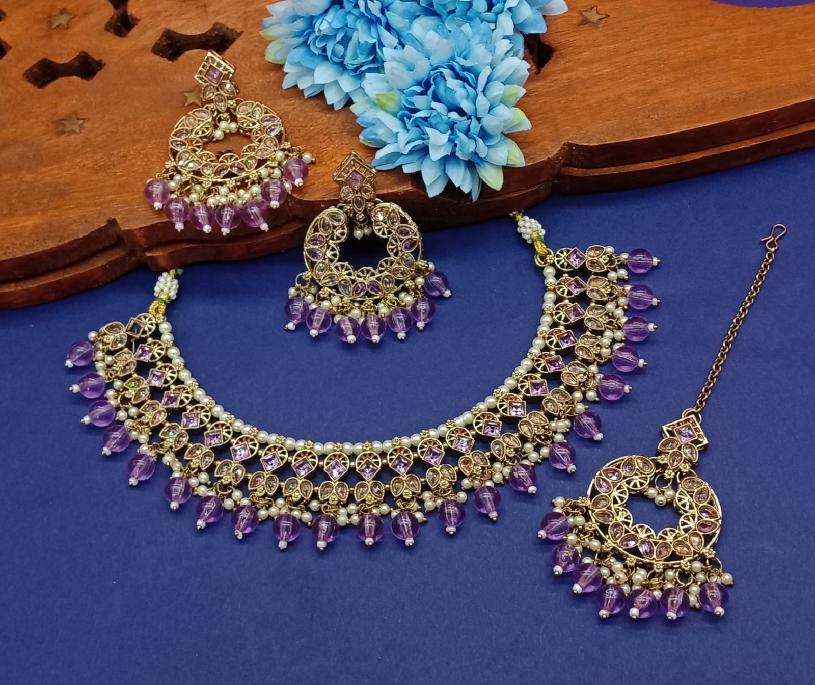 Antique Gold & Purple Stone Choker Set with Chandbali Earrings
