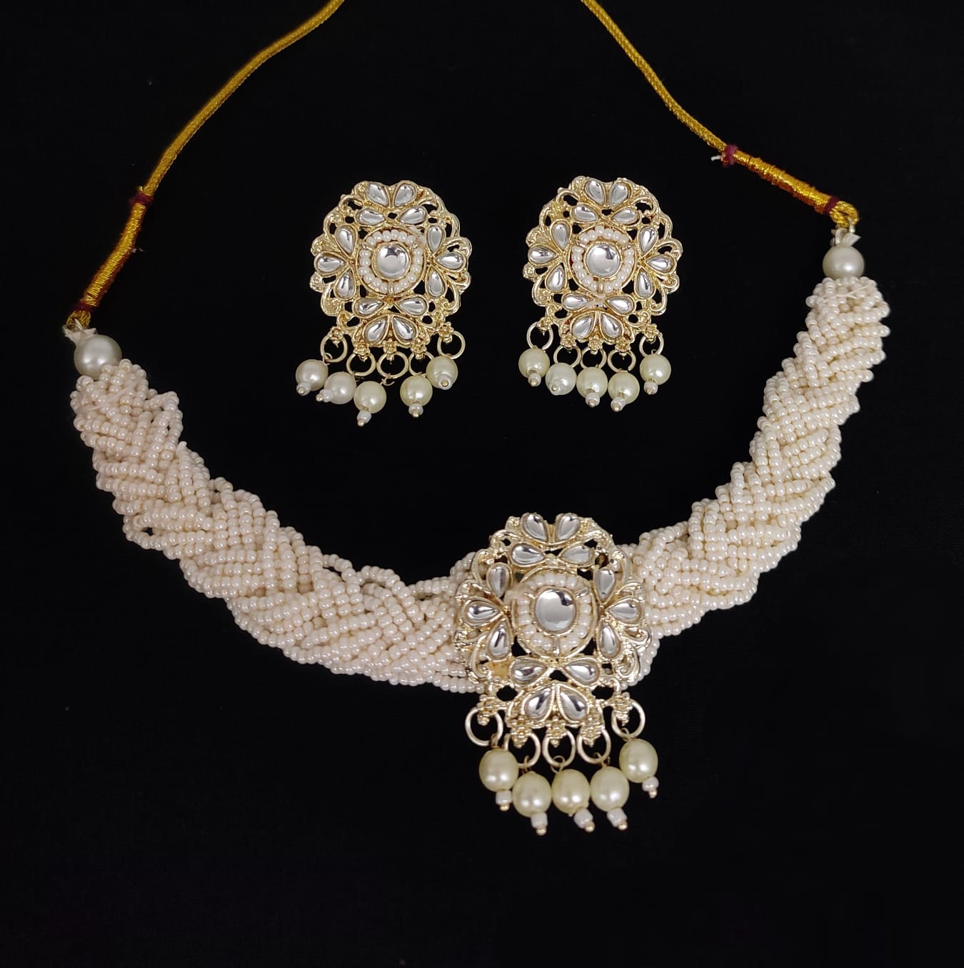 Braided Pearl Choker Necklace with Stud Earrings