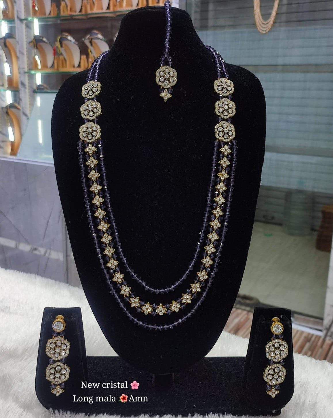 Elegant Crystal Rani Haar Jewellery Set with Matching Floral Drop Earrings and Tikka