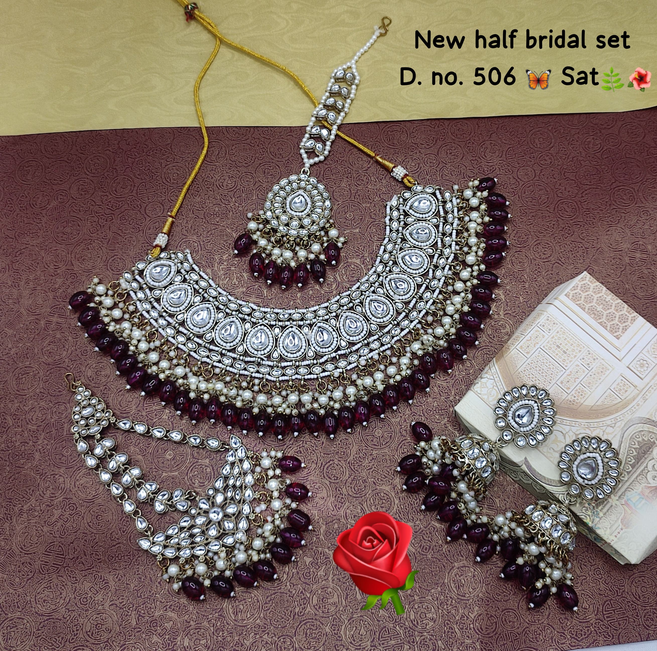 Mehandi Polish Traditional Kundan Studed Teardrop Design Choker Necklace Set With Jhumka Earrings & Mangtika Set For Women