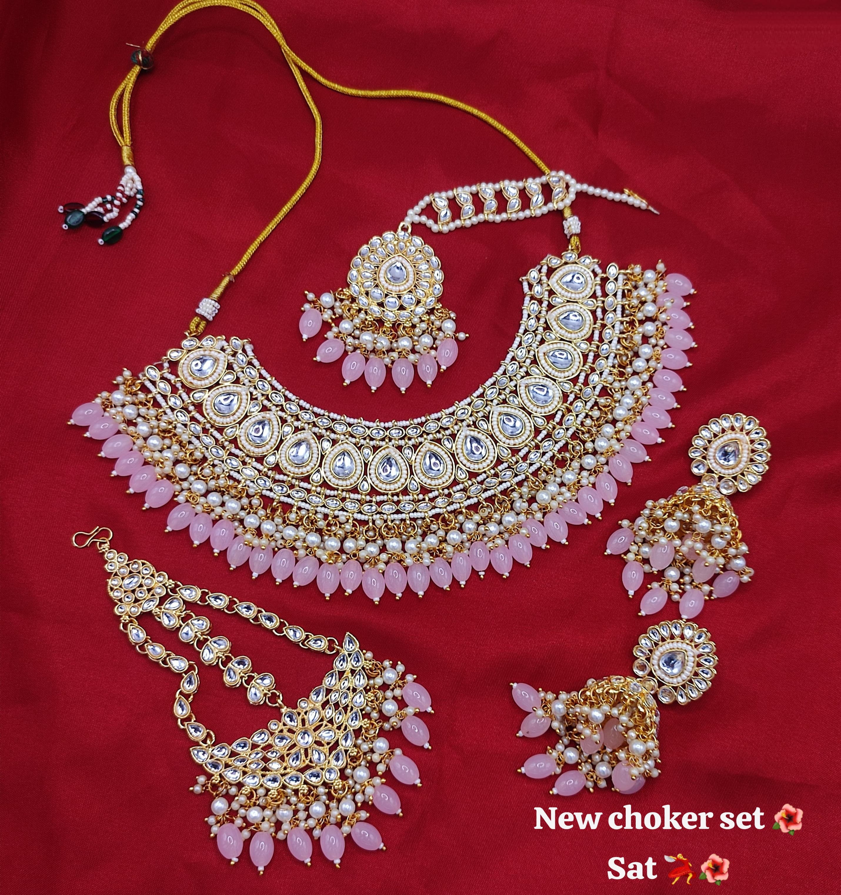 Traditional Kundan Studed Teardrop Design Choker Necklace Set With Jhumka Earrings & Mangtika Set For Women