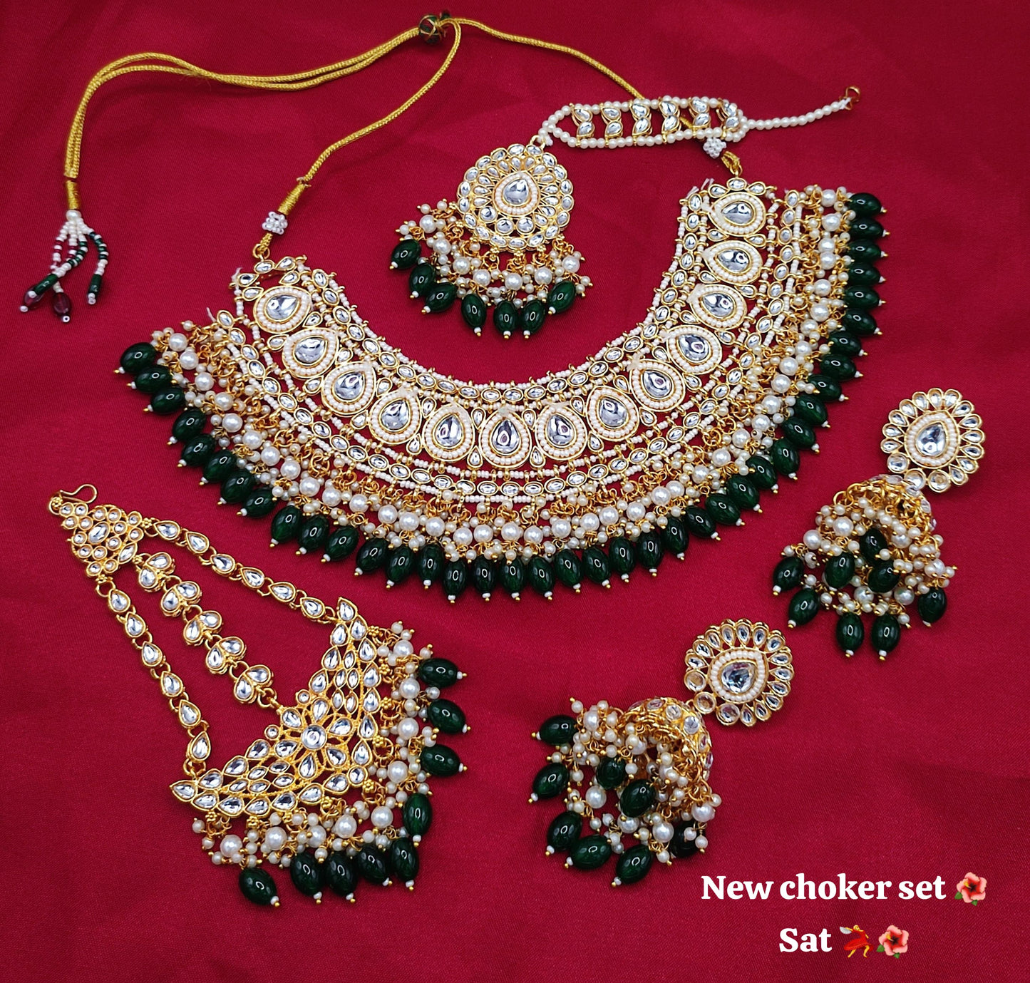 Traditional Kundan Studed Teardrop Design Choker Necklace Set With Jhumka Earrings & Mangtika Set For Women