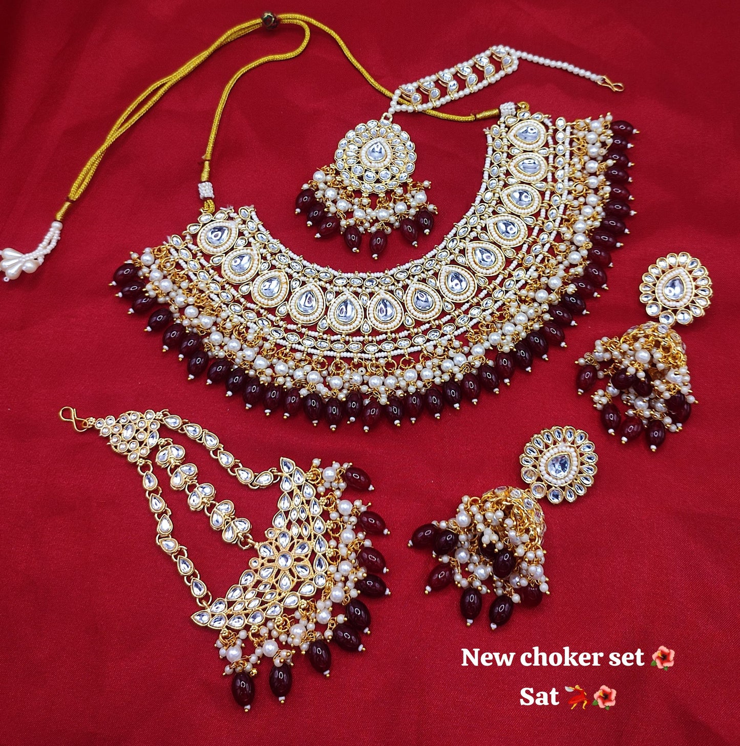 Traditional Kundan Studed Teardrop Design Choker Necklace Set With Jhumka Earrings & Mangtika Set For Women