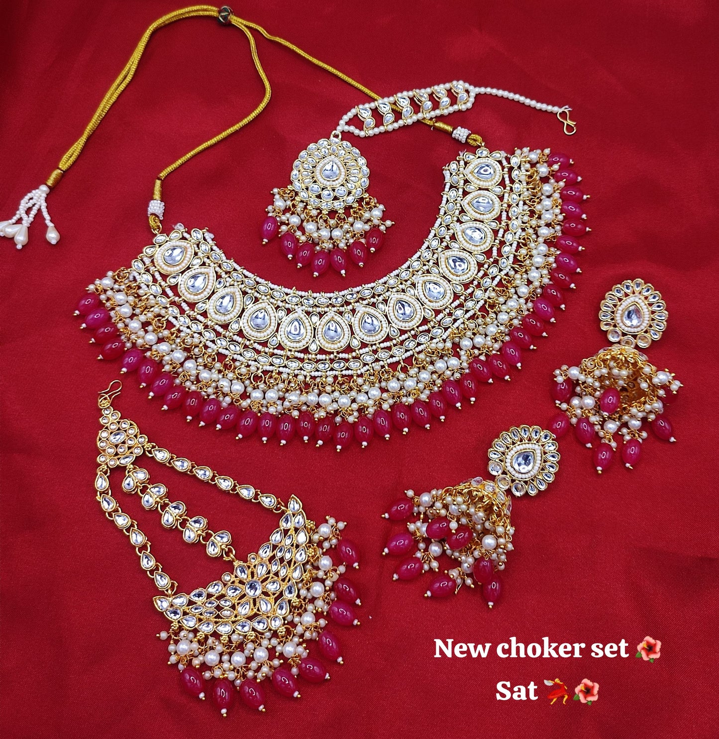 Traditional Kundan Studed Teardrop Design Choker Necklace Set With Jhumka Earrings & Mangtika Set For Women