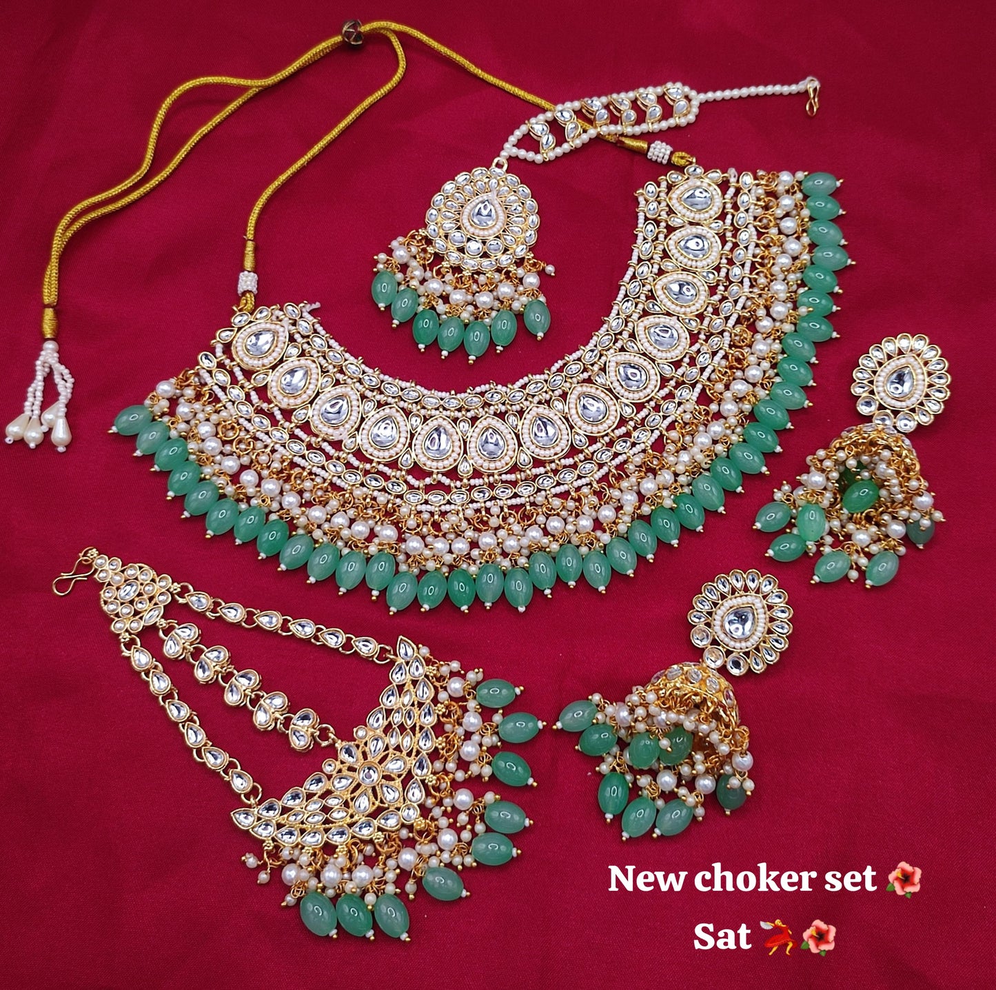 Traditional Kundan Studed Teardrop Design Choker Necklace Set With Jhumka Earrings & Mangtika Set For Women