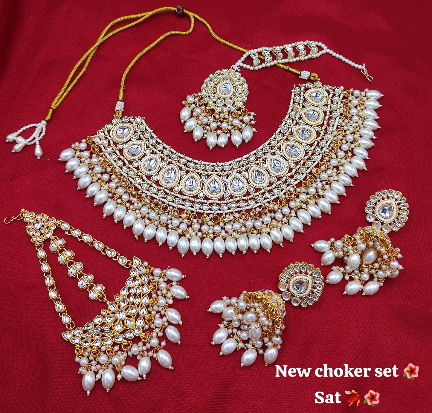 Traditional Kundan Studed Teardrop Design Choker Necklace Set With Jhumka Earrings & Mangtika Set For Women