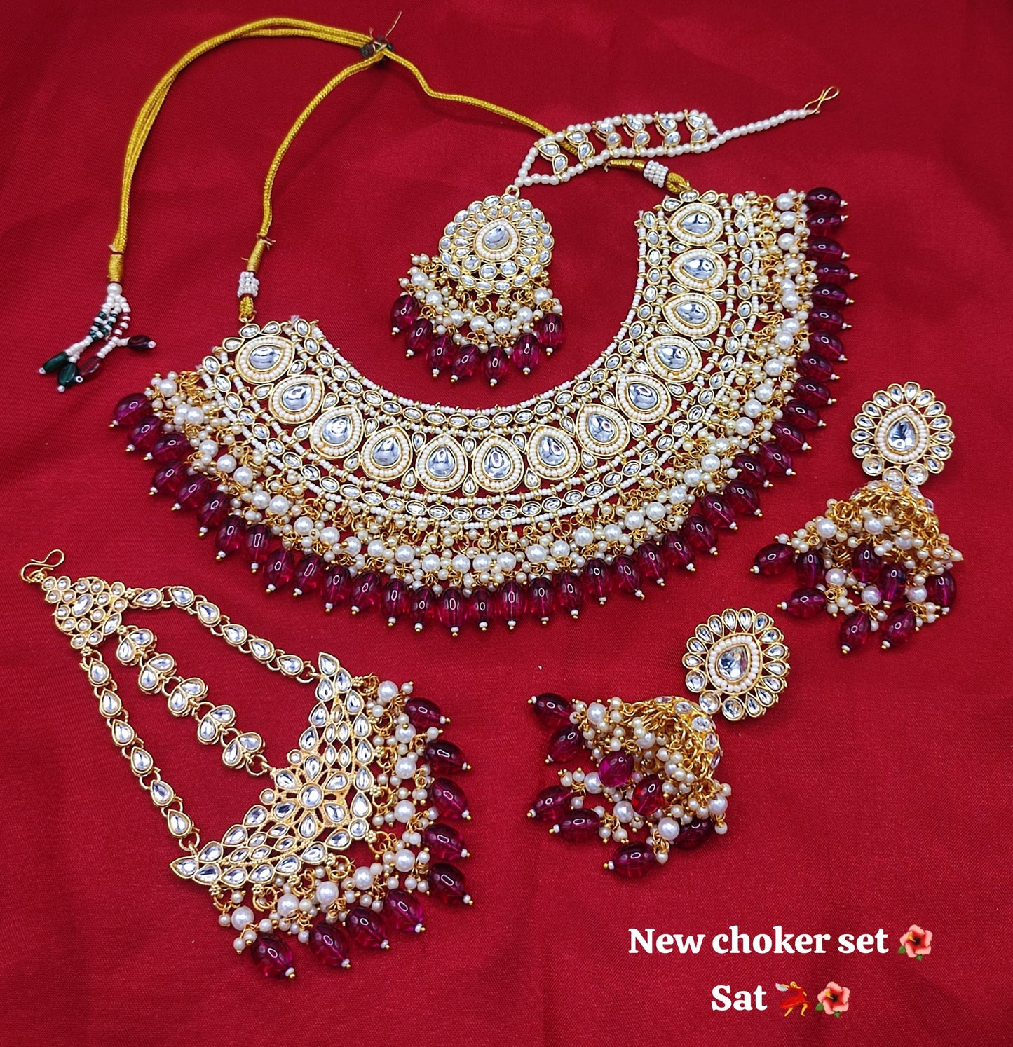 Traditional Kundan Studed Teardrop Design Choker Necklace Set With Jhumka Earrings & Mangtika Set For Women