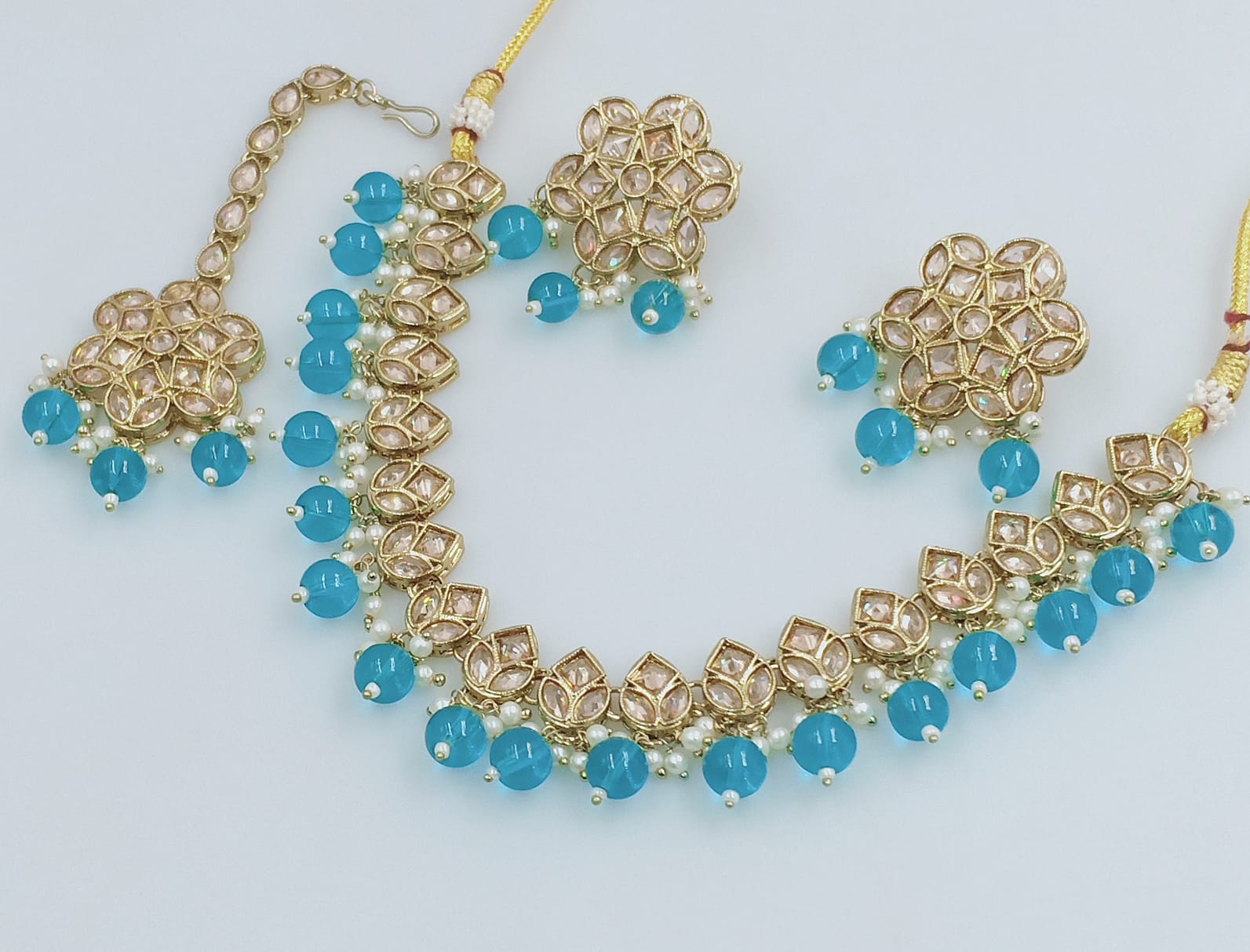 Latest Stylish Drop Choker Necklace Set With Earrings And Mangtika Set