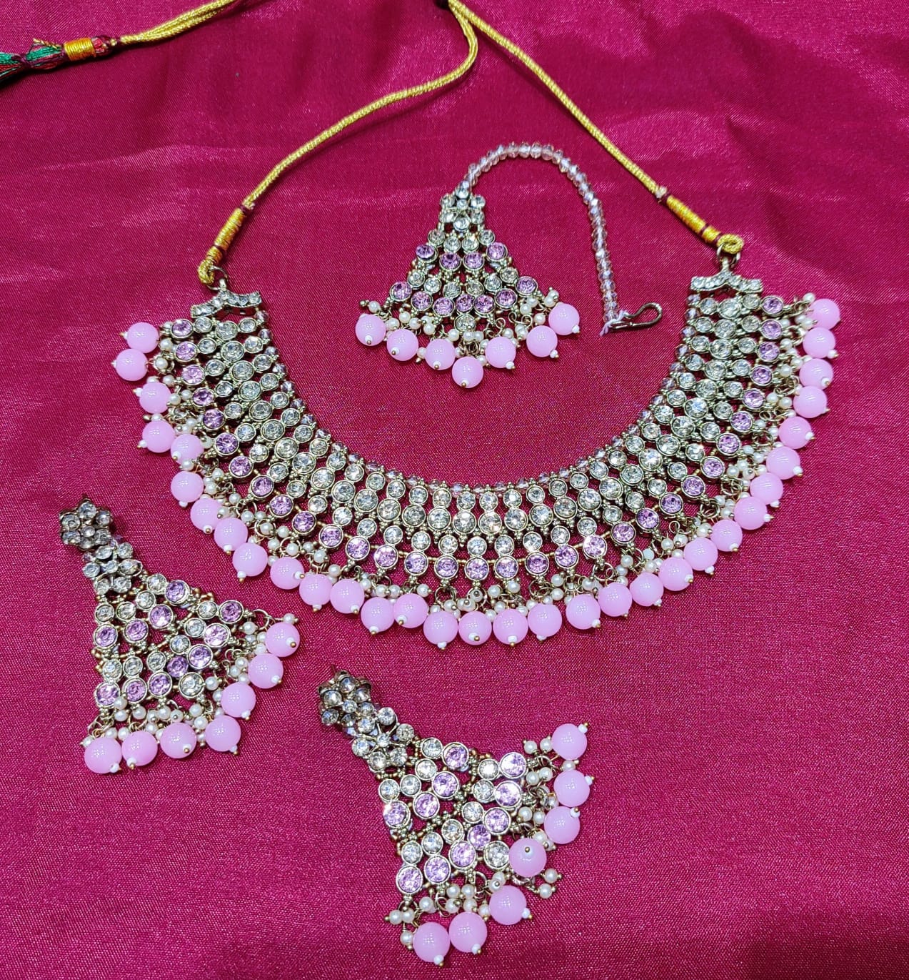 Elegant Pink Shimmering White Crystal Choker Set