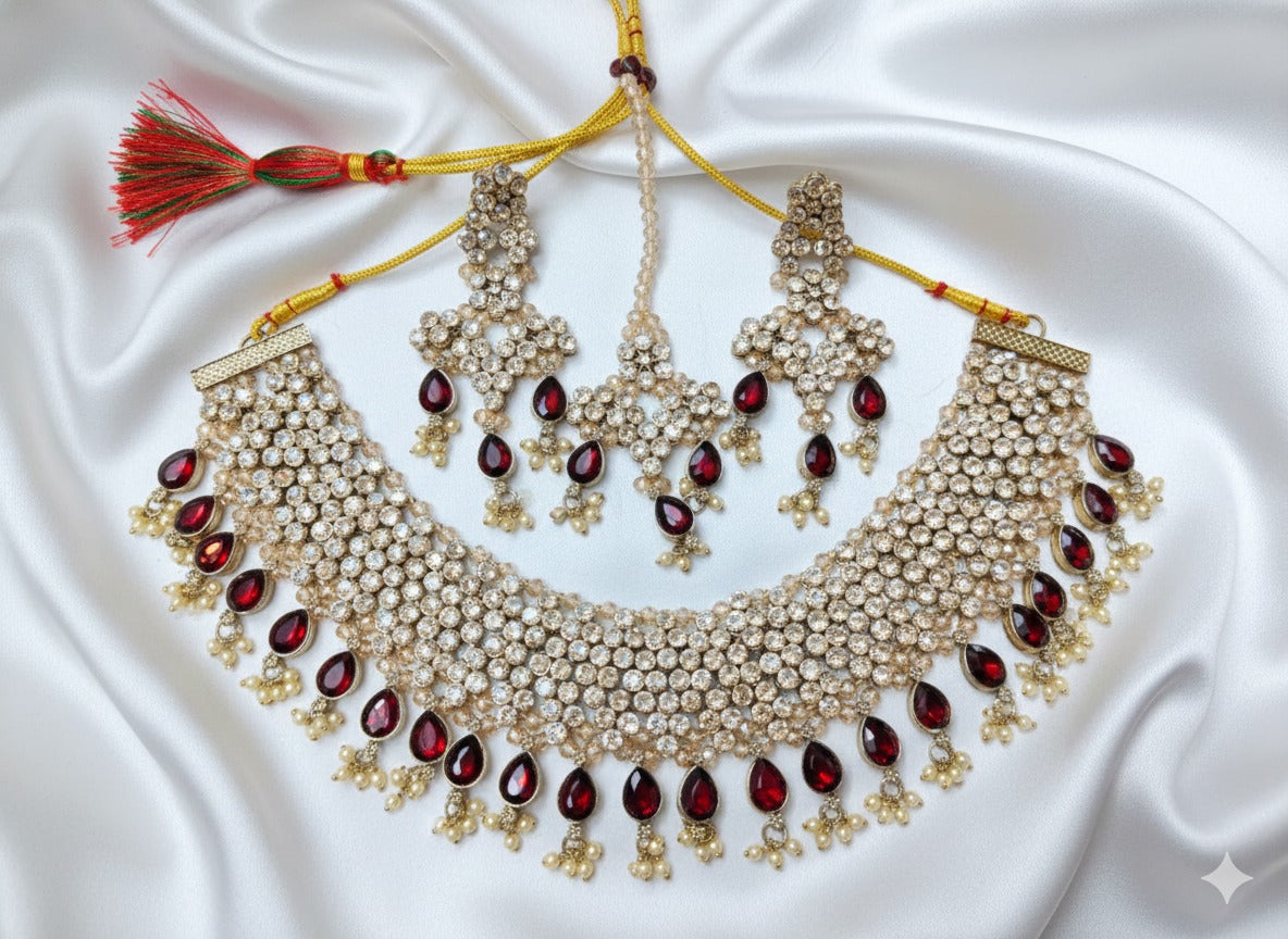 Maroon & Gold Stone Studded Bridal Choker Set