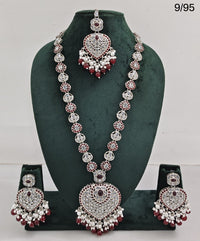 Traditional Silver Plated Long Necklace Set with Matching Earrings & Mangtika