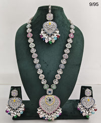 Traditional Silver Plated Long Necklace Set with Matching Earrings & Mangtika