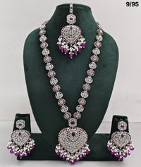 Traditional Silver Plated Long Necklace Set with Matching Earrings & Mangtika