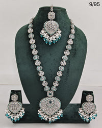 Traditional Silver Plated Long Necklace Set with Matching Earrings & Mangtika