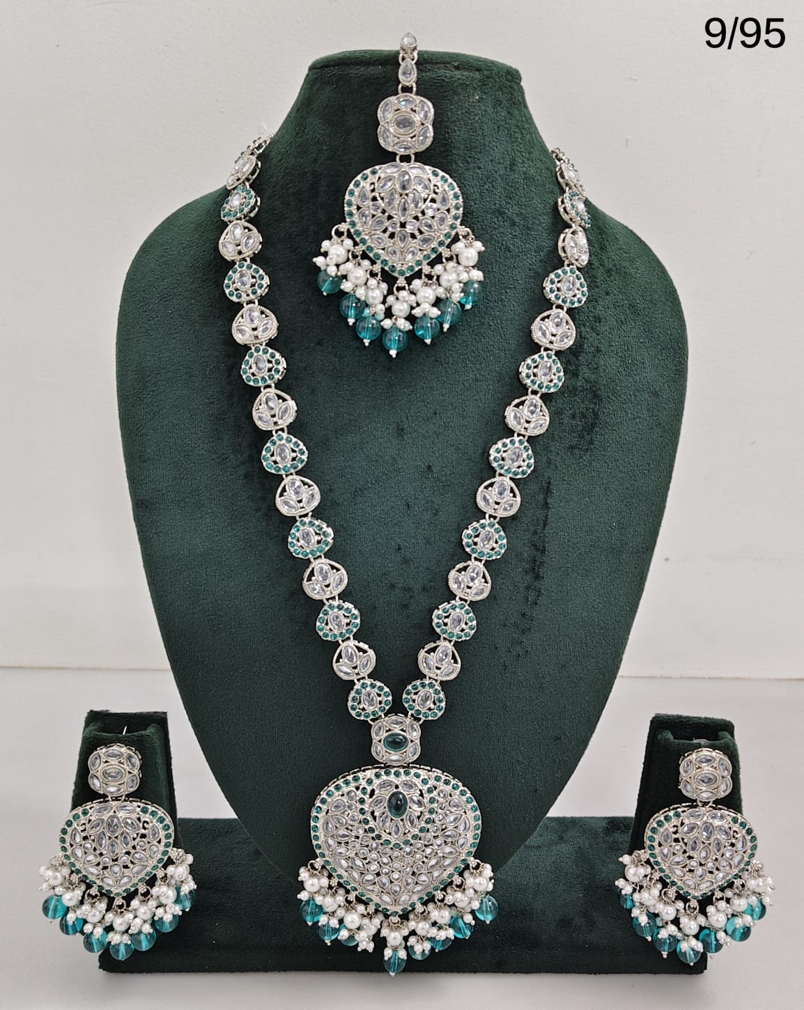 Traditional Silver Plated Long Necklace Set with Matching Earrings & Mangtika