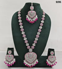 Traditional Silver Plated Long Necklace Set with Matching Earrings & Mangtika