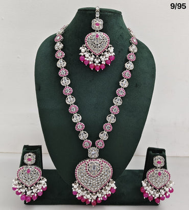 Traditional Silver Plated Long Necklace Set with Matching Earrings & Mangtika