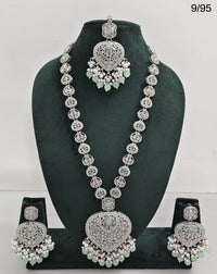Traditional Silver Plated Long Necklace Set with Matching Earrings & Mangtika
