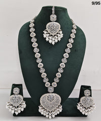 Traditional Silver Plated Long Necklace Set with Matching Earrings & Mangtika