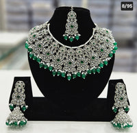 Silver-Finish Emerald Green Floral Choker Set