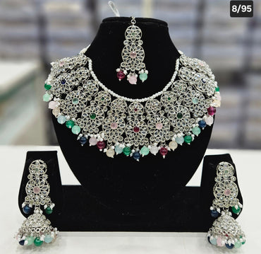 Silver-Finish Emerald Green Floral Choker Set