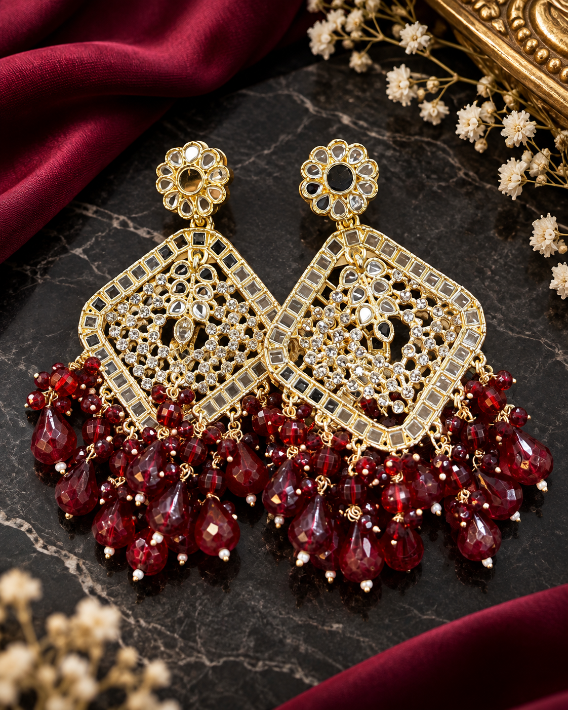 Square Emerald Green Crystal  Kundan Drop Earrings Gold Plated Jali Work Dangles