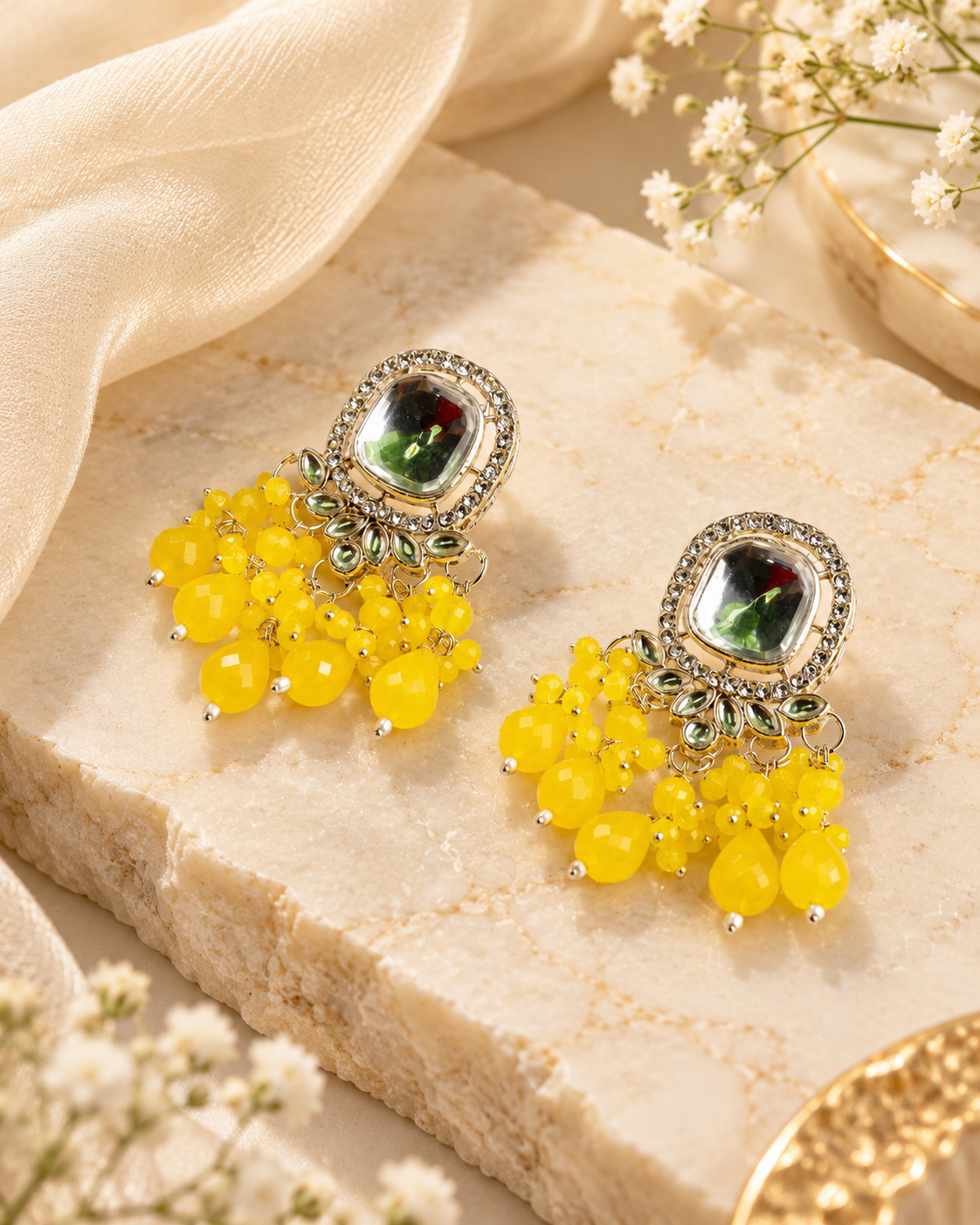 Square Kundan Earrings with Round Crystal Centerpiece Gold Plated Earrings