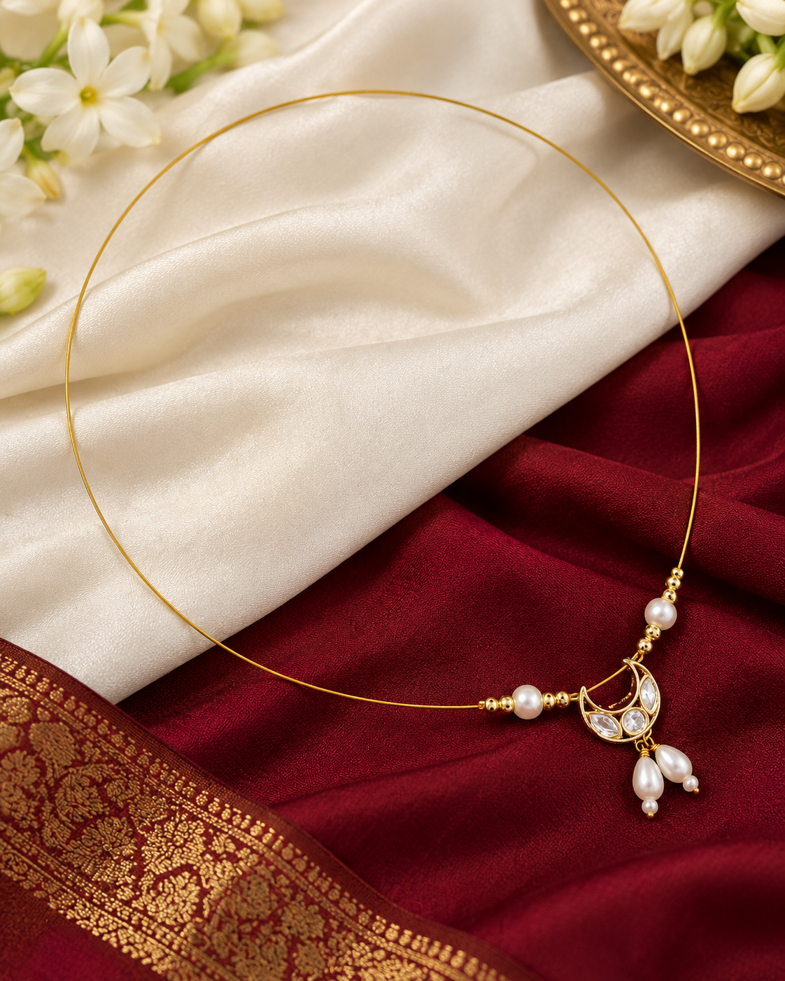 Delicate Pearl Half-Moon Wire Necklace