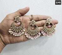 Kundan Chandbali Set - Antique Gold Finish Statement Earrings and Maang Tikka