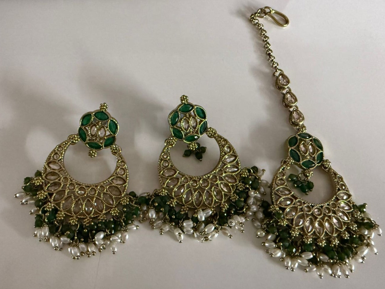 Kundan Chandbali Set - Antique Gold Finish Statement Earrings and Maang Tikka