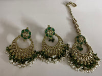 Kundan Chandbali Set - Antique Gold Finish Statement Earrings and Maang Tikka