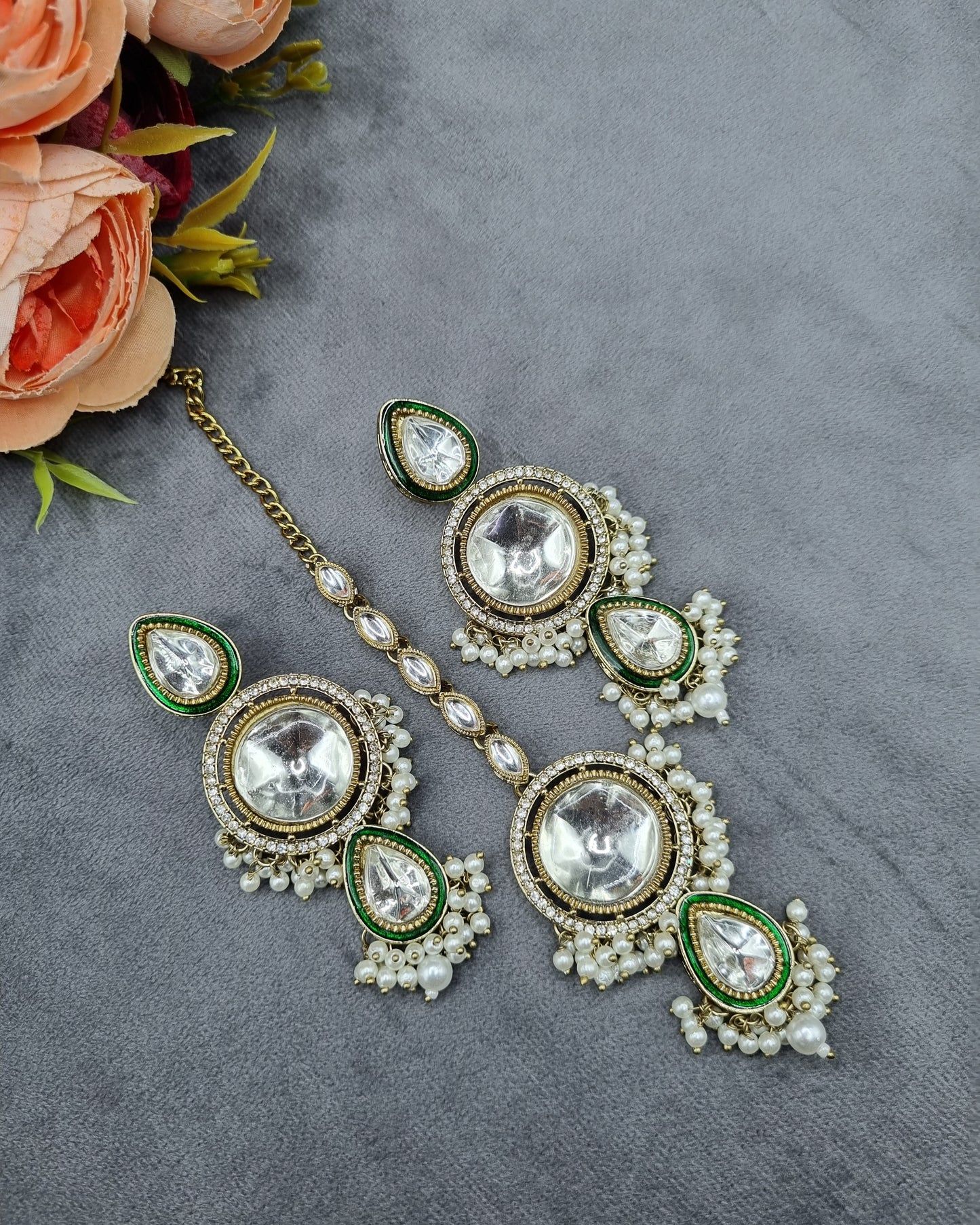 Round Shape Stone & Pearl Drop Earrings with Maang Tikka Set