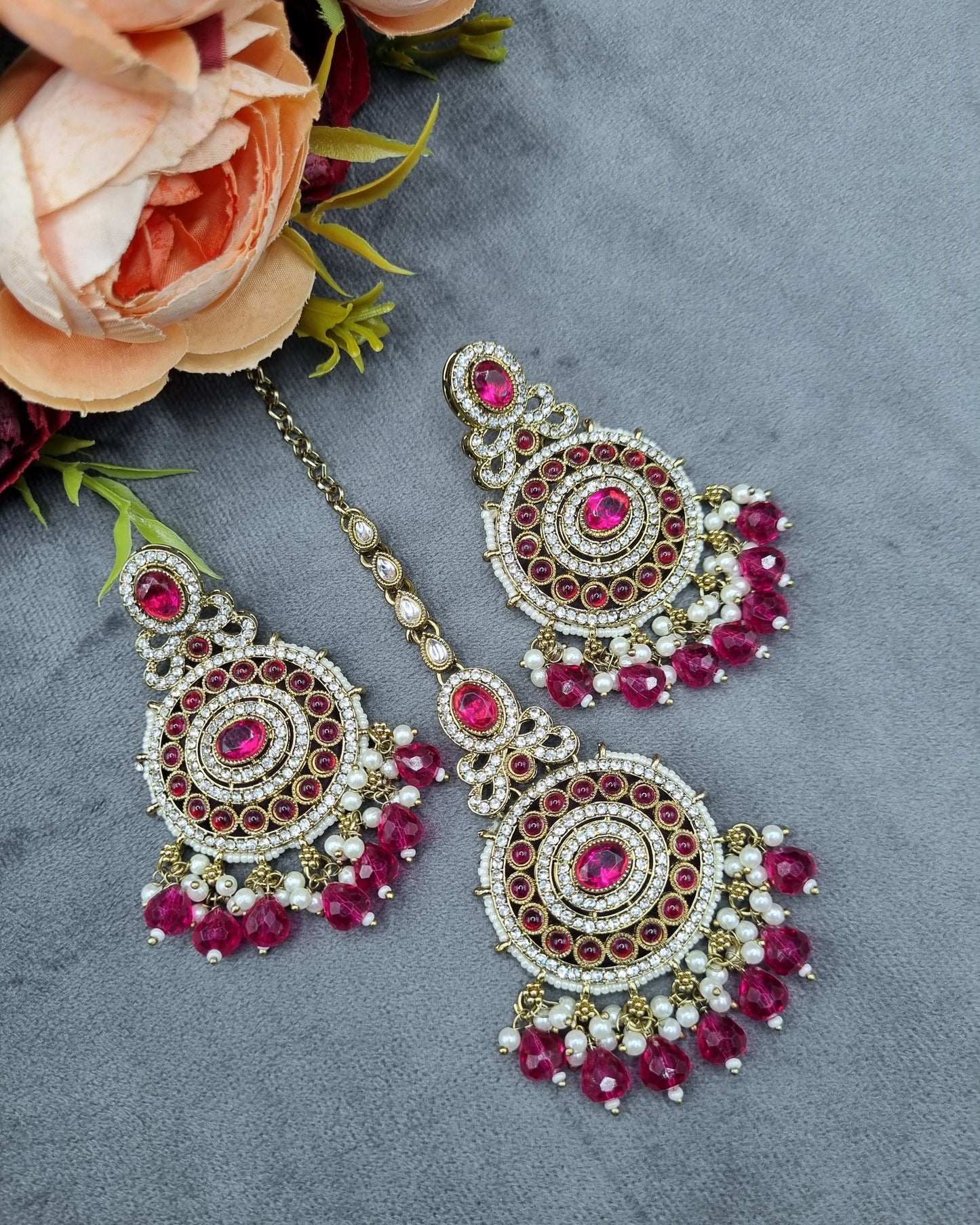 Ornate Circular Earrings & Maangtikka Set with Crystal Accents