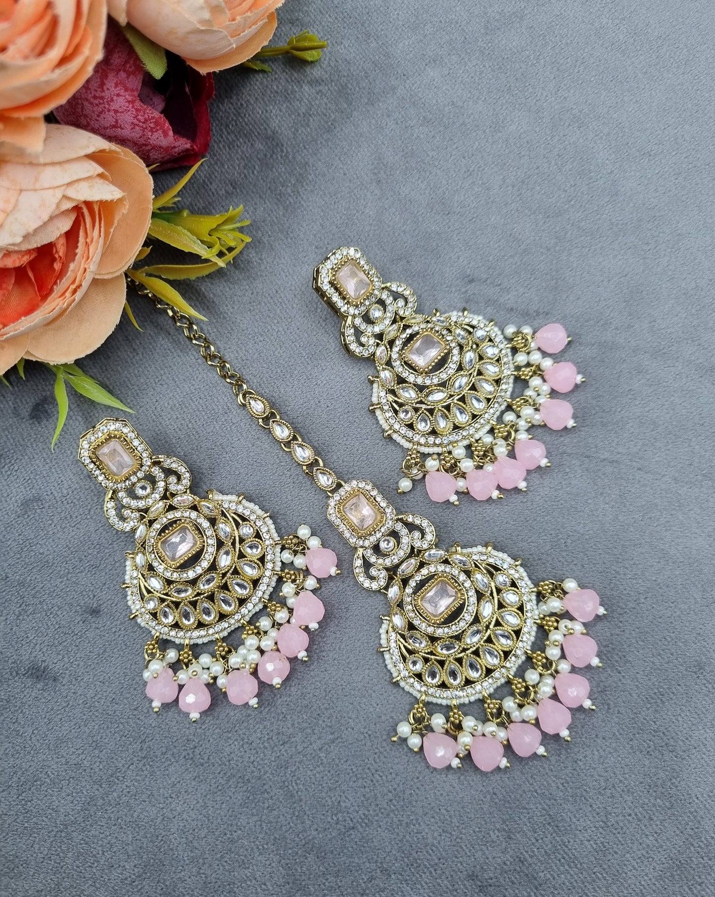 Ornate Crescent Chandbali Earrings and Maang Tikka