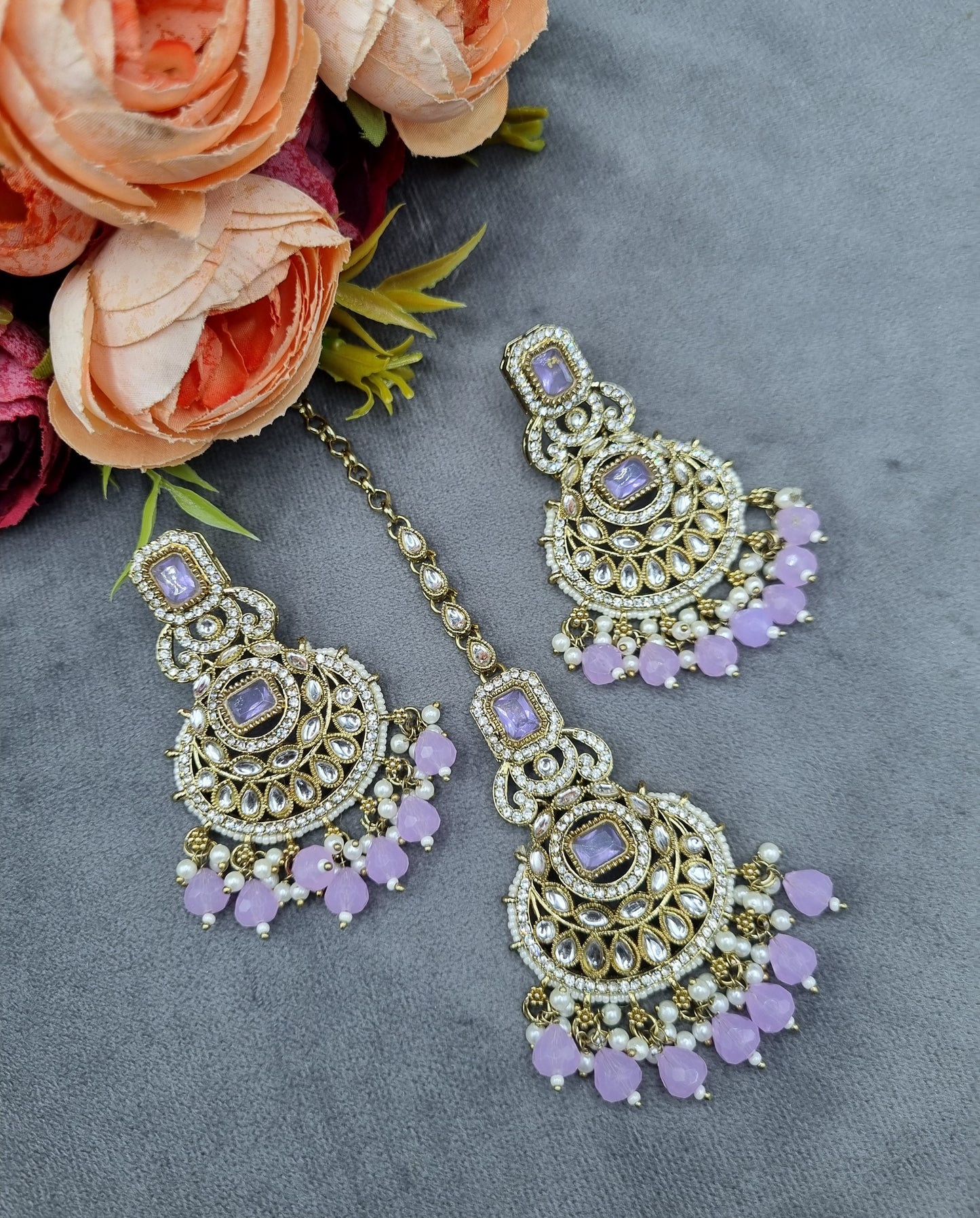 Ornate Crescent Chandbali Earrings and Maang Tikka