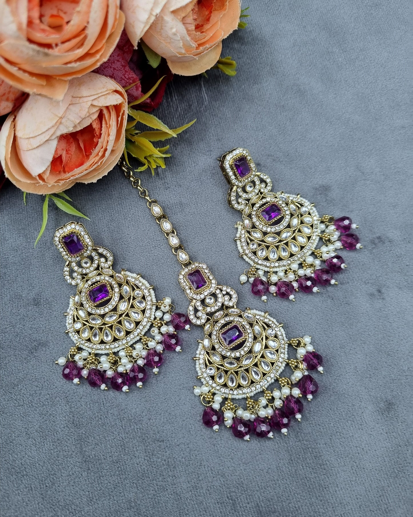 Ornate Crescent Chandbali Earrings and Maang Tikka