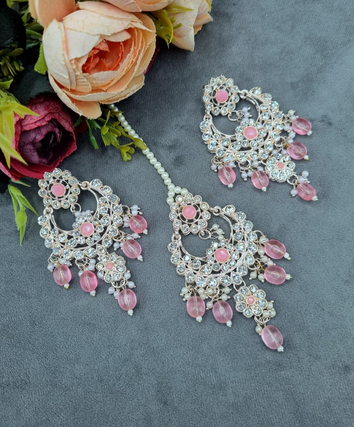 Intricate Stone-Studded Chandbali Earring & Maang Tikka Set