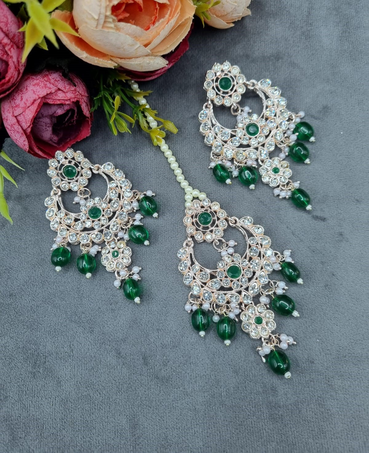 Intricate Stone-Studded Chandbali Earring & Maang Tikka Set