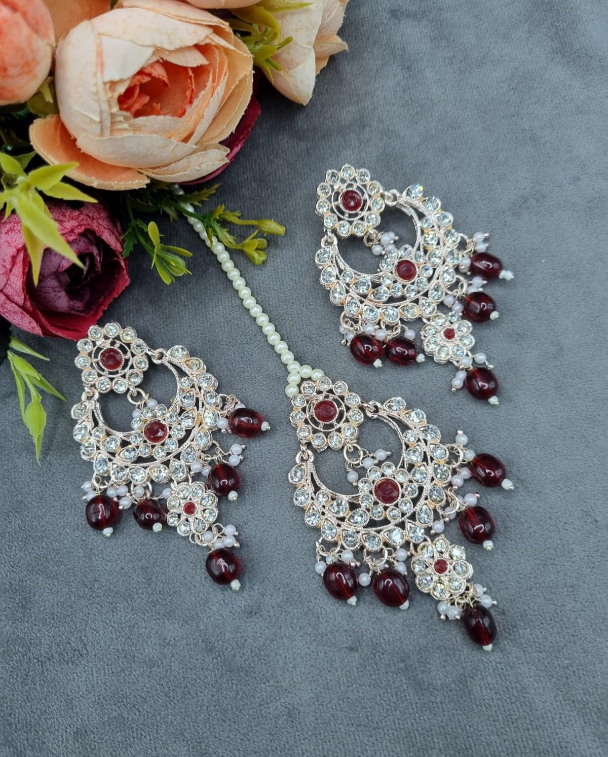 Intricate Stone-Studded Chandbali Earring & Maang Tikka Set