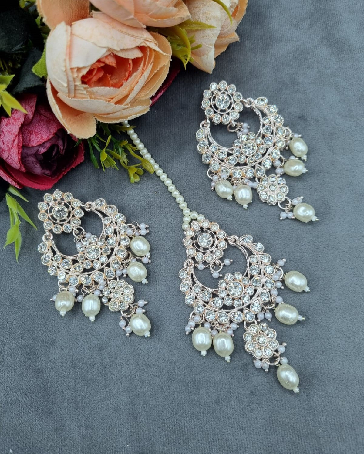 Intricate Stone-Studded Chandbali Earring & Maang Tikka Set